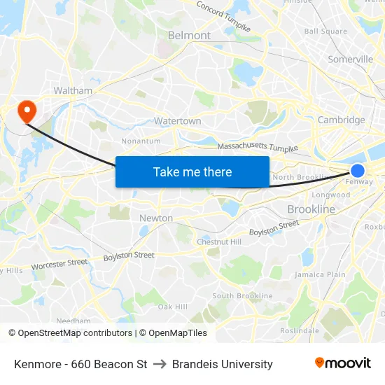 Kenmore - 660 Beacon St to Brandeis University map