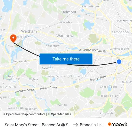 Saint Mary's Street - Beacon St @ Saint Mary's St to Brandeis University map