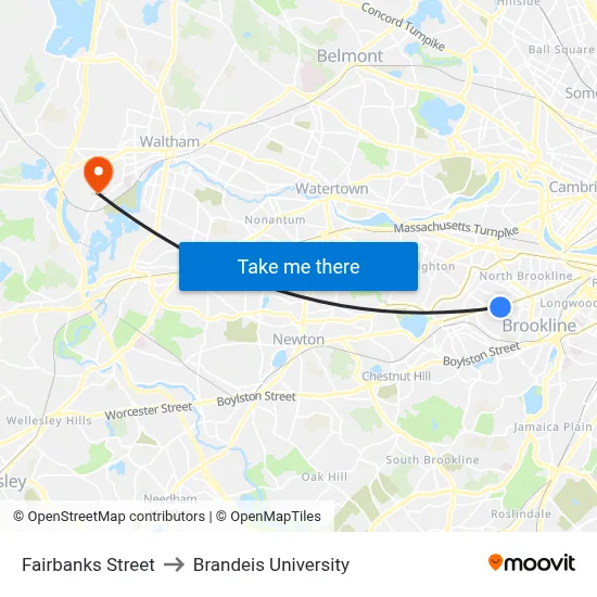 Fairbanks Street to Brandeis University map