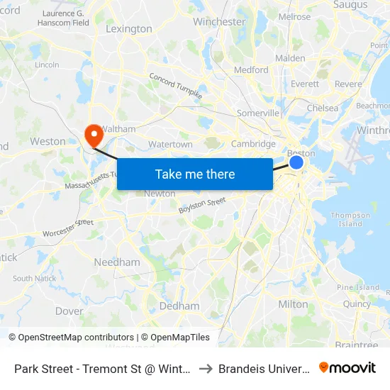 Park Street - Tremont St @ Winter St to Brandeis University map