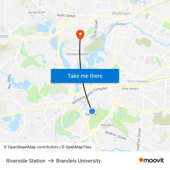 Riverside Station to Brandeis University map