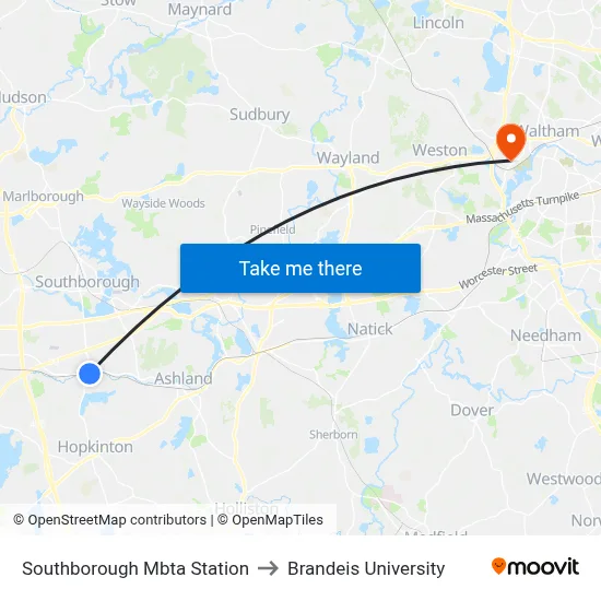 Southborough Mbta Station to Brandeis University map