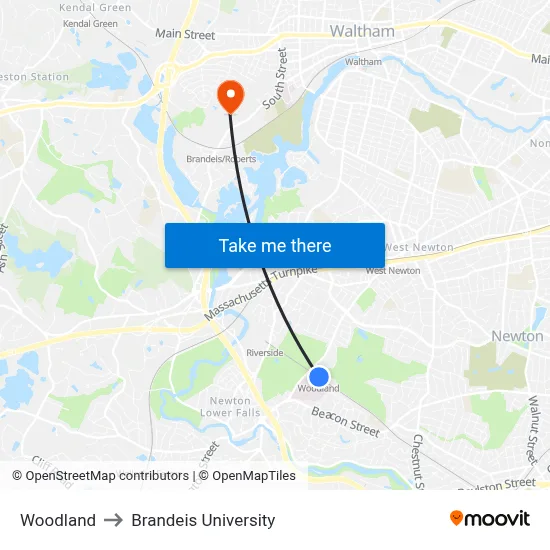 Woodland to Brandeis University map