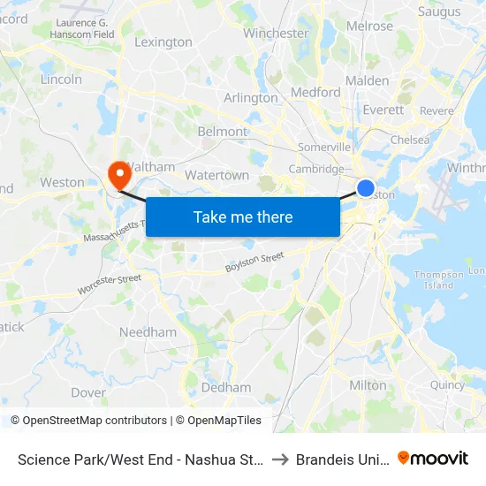 Science Park/West End - Nashua St @ Leverett Cir to Brandeis University map