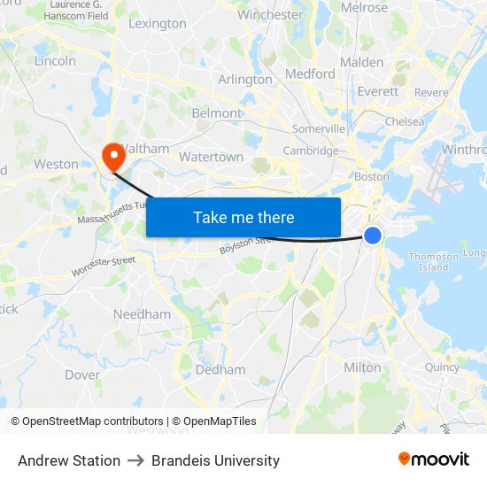 Andrew Station to Brandeis University map