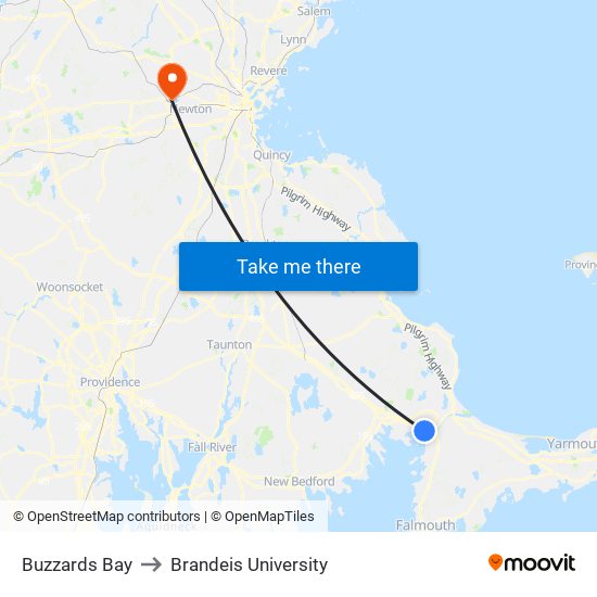 Buzzards Bay to Brandeis University map