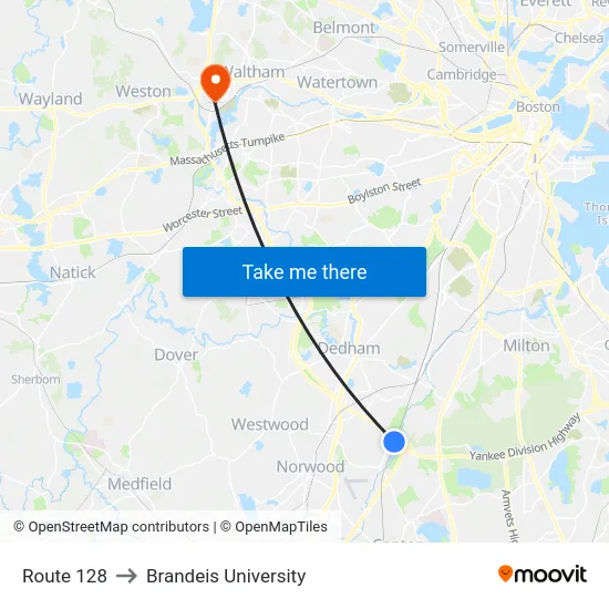 Route 128 to Brandeis University map