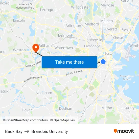 Back Bay to Brandeis University map