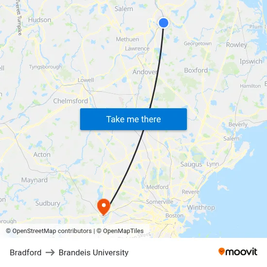 Bradford to Brandeis University map