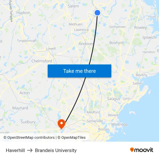 Haverhill to Brandeis University map