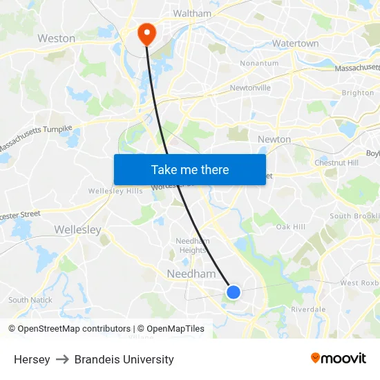 Hersey to Brandeis University map