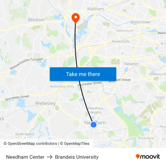Needham Center to Brandeis University map