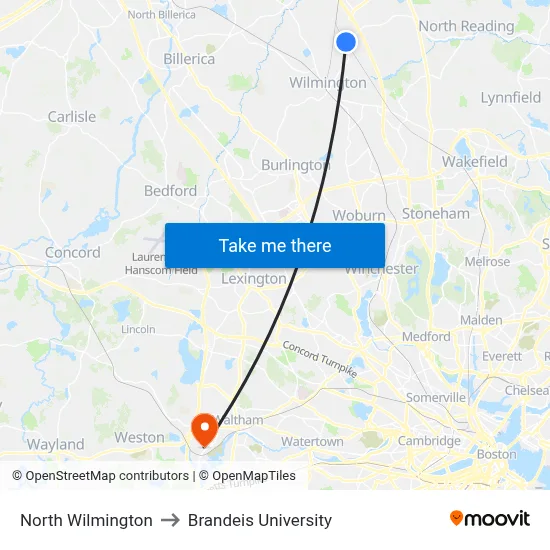North Wilmington to Brandeis University map