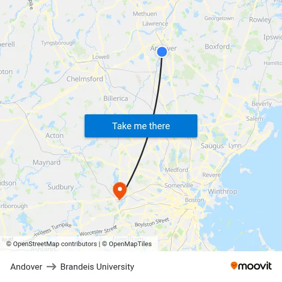 Andover to Brandeis University map