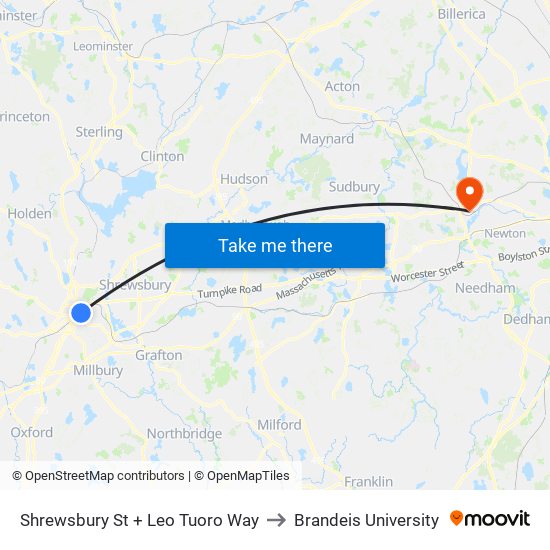 Shrewsbury St + Leo Tuoro Way to Brandeis University map