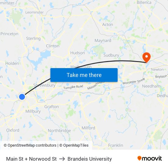 Main St + Norwood St to Brandeis University map