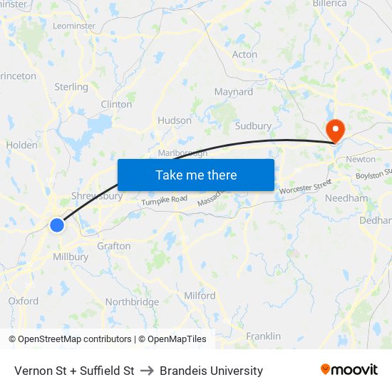 Vernon St + Suffield St to Brandeis University map
