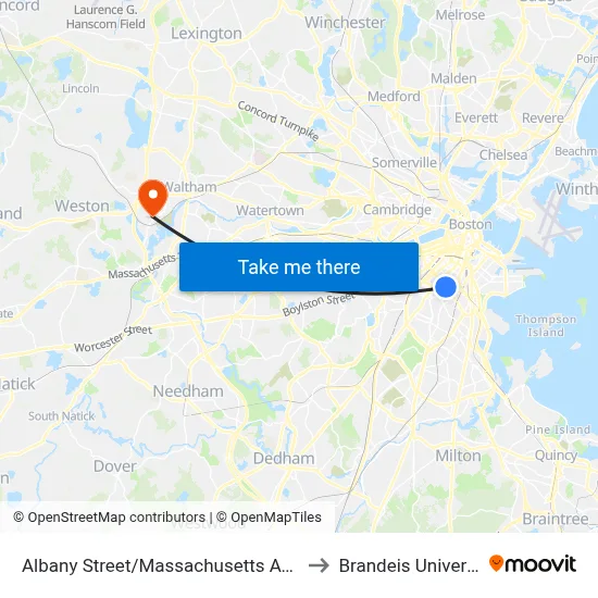 Albany Street/Massachusetts Avenue to Brandeis University map