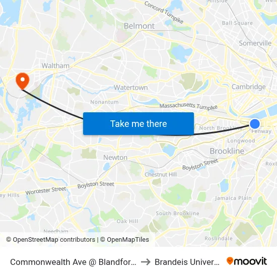 Commonwealth Ave @ Blandford St to Brandeis University map