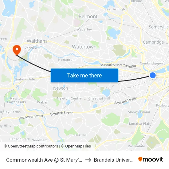 Commonwealth Ave @ St Mary's St to Brandeis University map