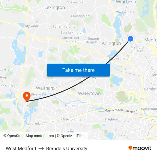 West Medford to Brandeis University map