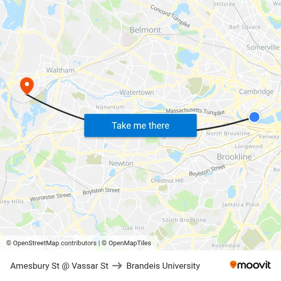 Amesbury St @ Vassar St to Brandeis University map