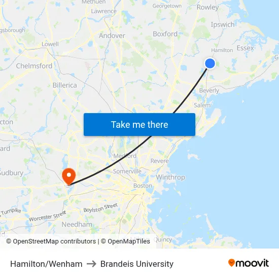Hamilton/Wenham to Brandeis University map