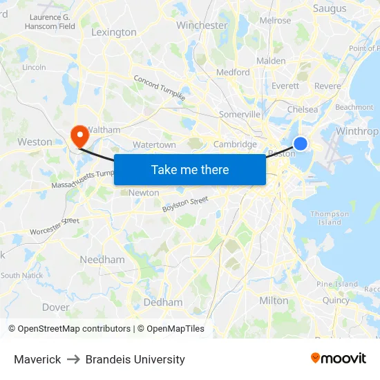 Maverick to Brandeis University map