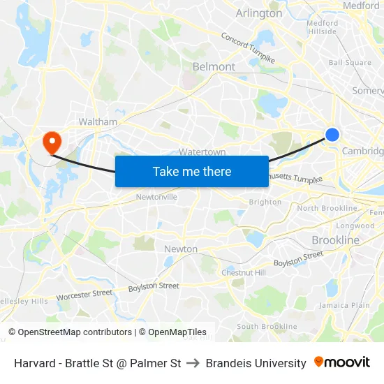 Harvard - Brattle St @ Palmer St to Brandeis University map