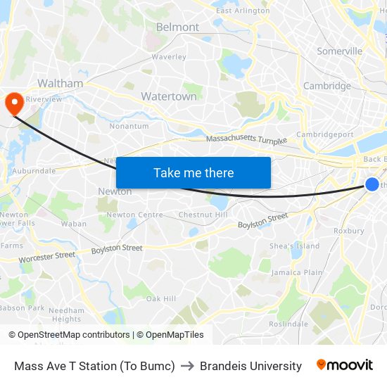 Mass Ave T Station (To Bumc) to Brandeis University map
