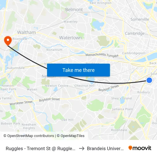 Ruggles - Tremont St @ Ruggles St to Brandeis University map