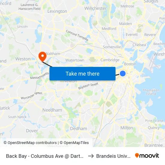 Back Bay - Columbus Ave @ Dartmouth St to Brandeis University map
