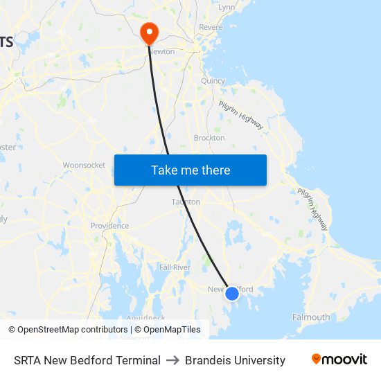 SRTA New Bedford Terminal to Brandeis University map