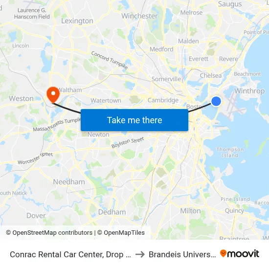 Conrac Rental Car Center, Drop Off to Brandeis University map