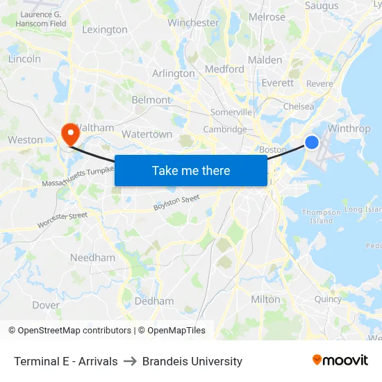 Terminal E - Arrivals to Brandeis University map
