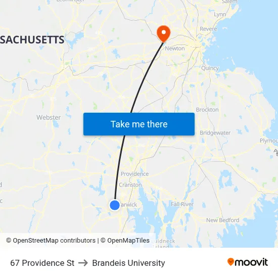 67 Providence St to Brandeis University map