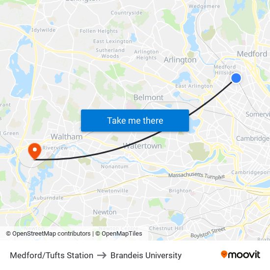 Medford/Tufts Station to Brandeis University map