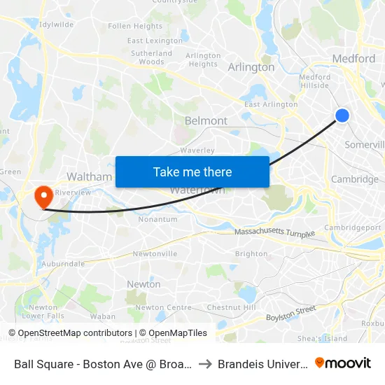 Ball Square - Boston Ave @ Broadway to Brandeis University map