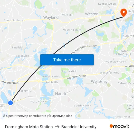 Framingham Mbta Station to Brandeis University map