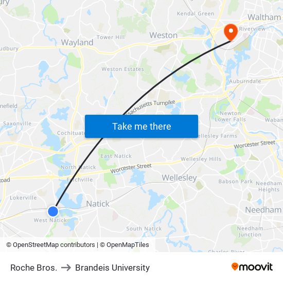 Roche Bros. to Brandeis University map