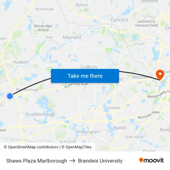Shaws Plaza Marlborough to Brandeis University map