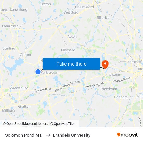 Solomon Pond Mall to Brandeis University map