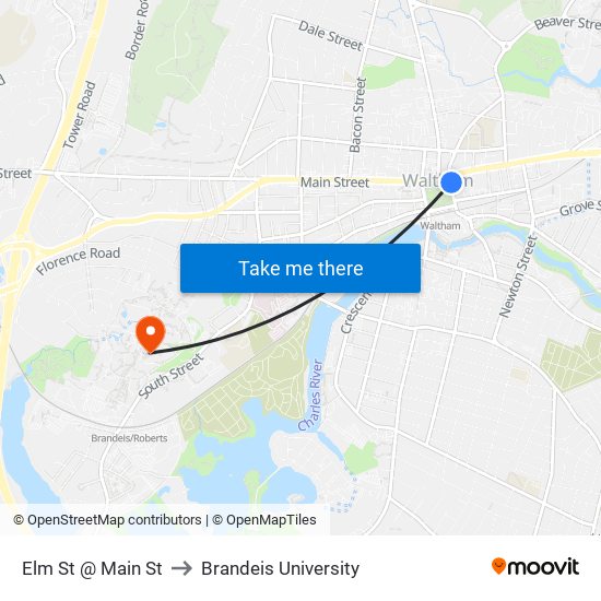 Elm St @ Main St to Brandeis University map