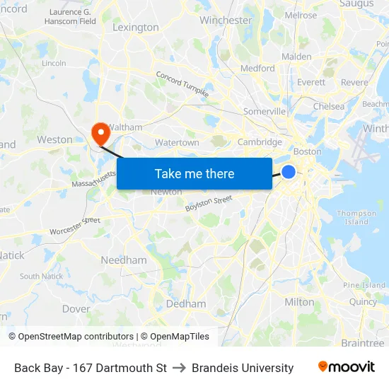 Back Bay - 167 Dartmouth St to Brandeis University map