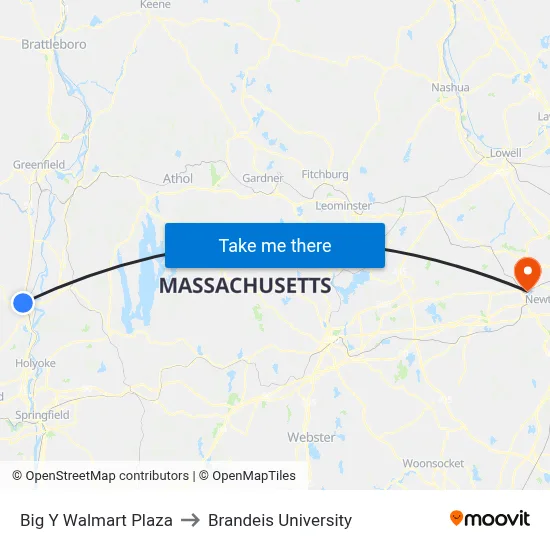 Big Y Walmart Plaza to Brandeis University map