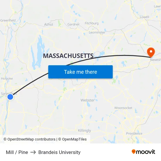 Mill / Pine to Brandeis University map