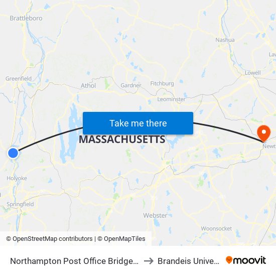 Northampton Post Office Bridge Street to Brandeis University map