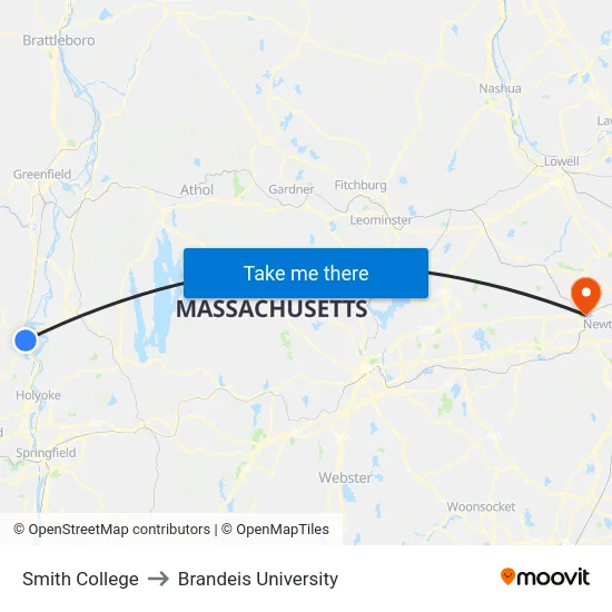 Smith College to Brandeis University map
