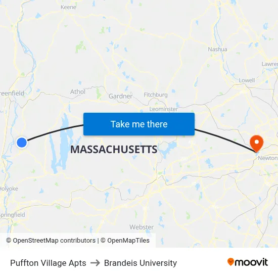 Puffton Village Apts to Brandeis University map