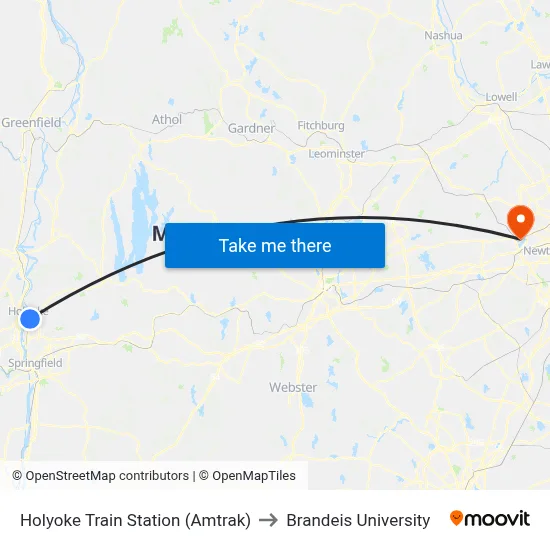 Holyoke Train Station (Amtrak) to Brandeis University map